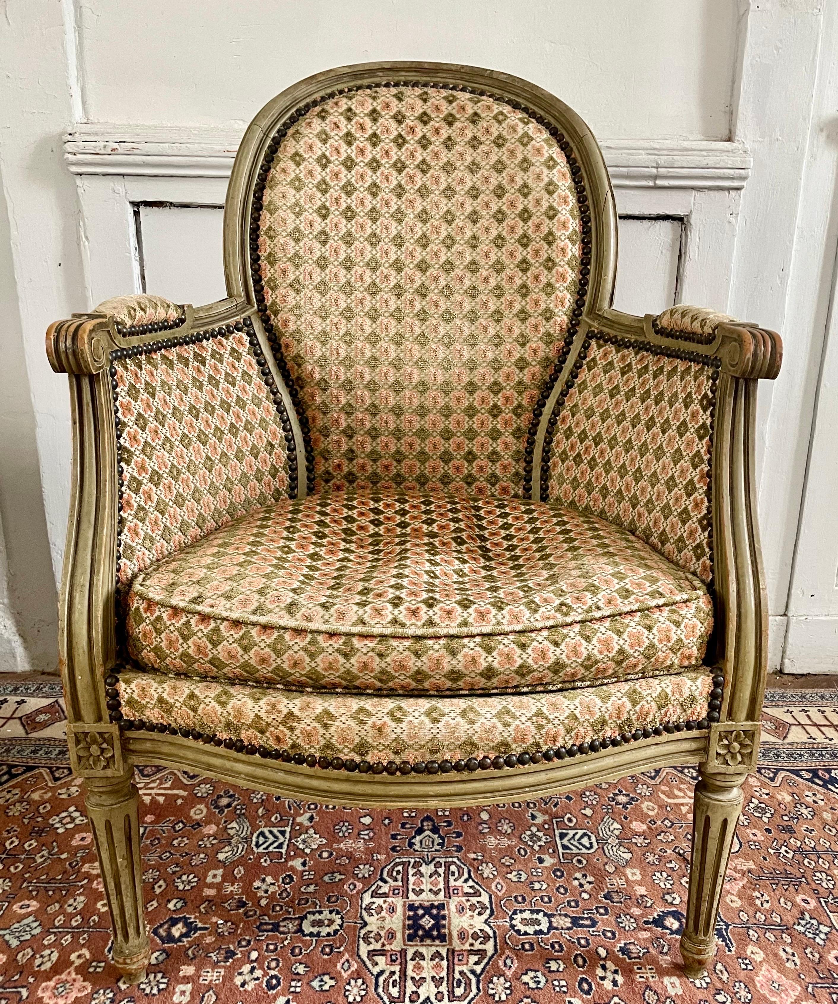Upholstery Pair of French Bergere Armchairs in Wood and Velvet Louis XVI Style, 19th