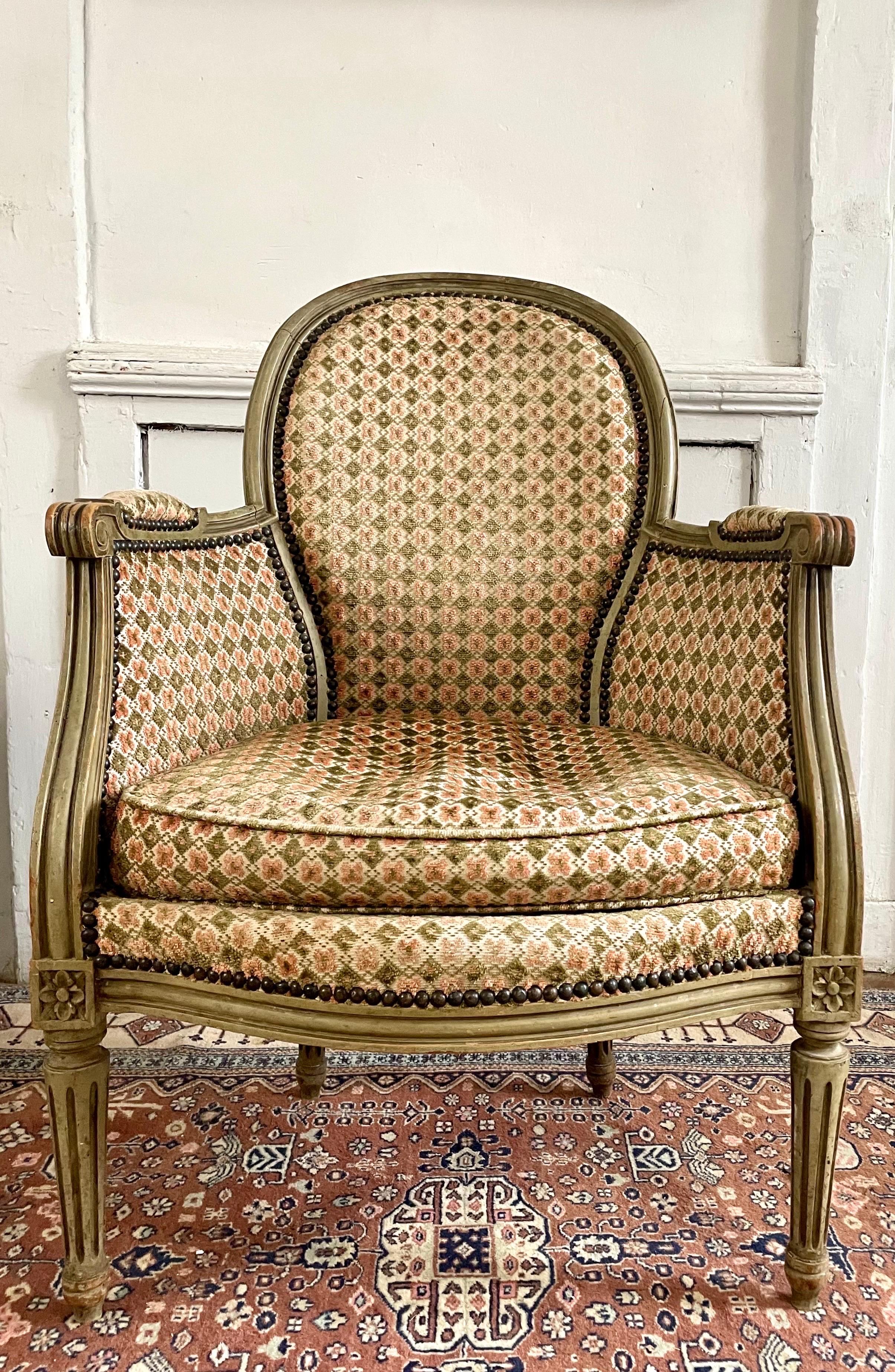 Pair of French Bergere Armchairs in Wood and Velvet Louis XVI Style, 19th 1