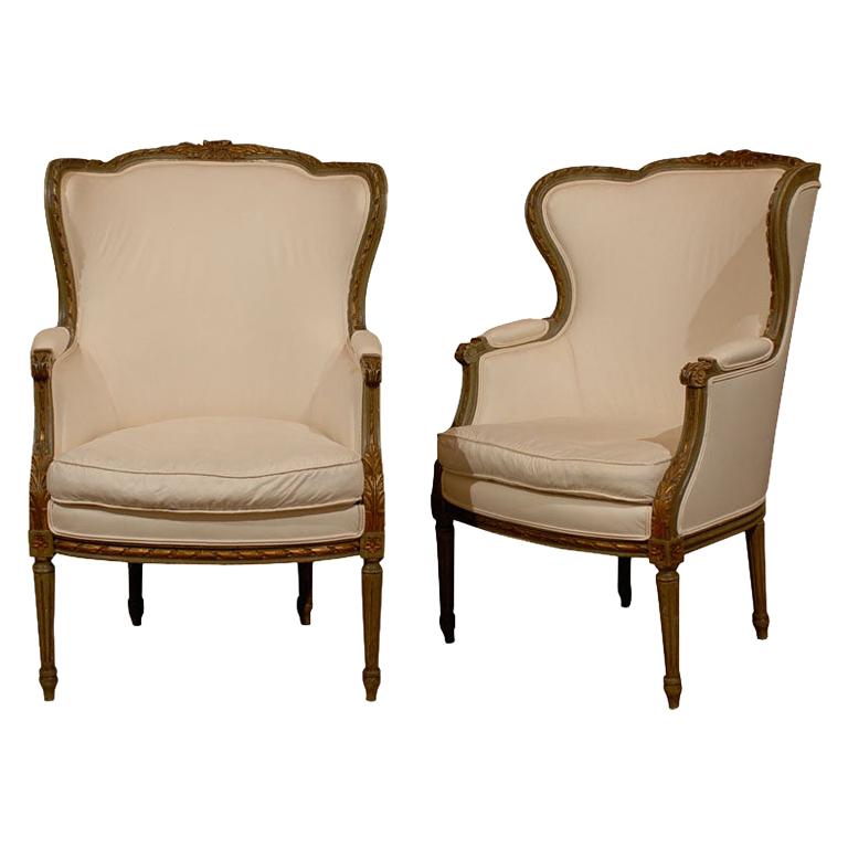 Pair of French Louis XVI Style 19th Century Painted Wingback Bergères Chairs