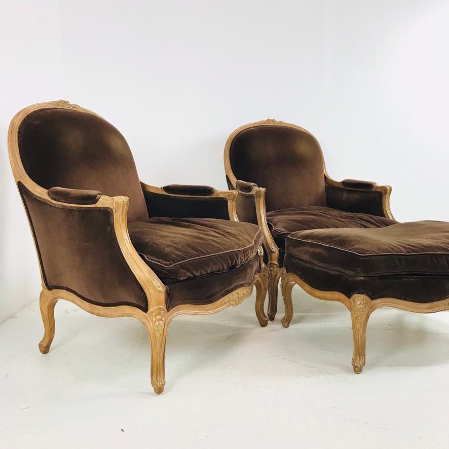 Louis XV Pair of French Bergere Chairs with Ottoman