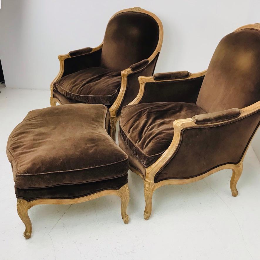 Pair of French Bergere Chairs with Ottoman 1