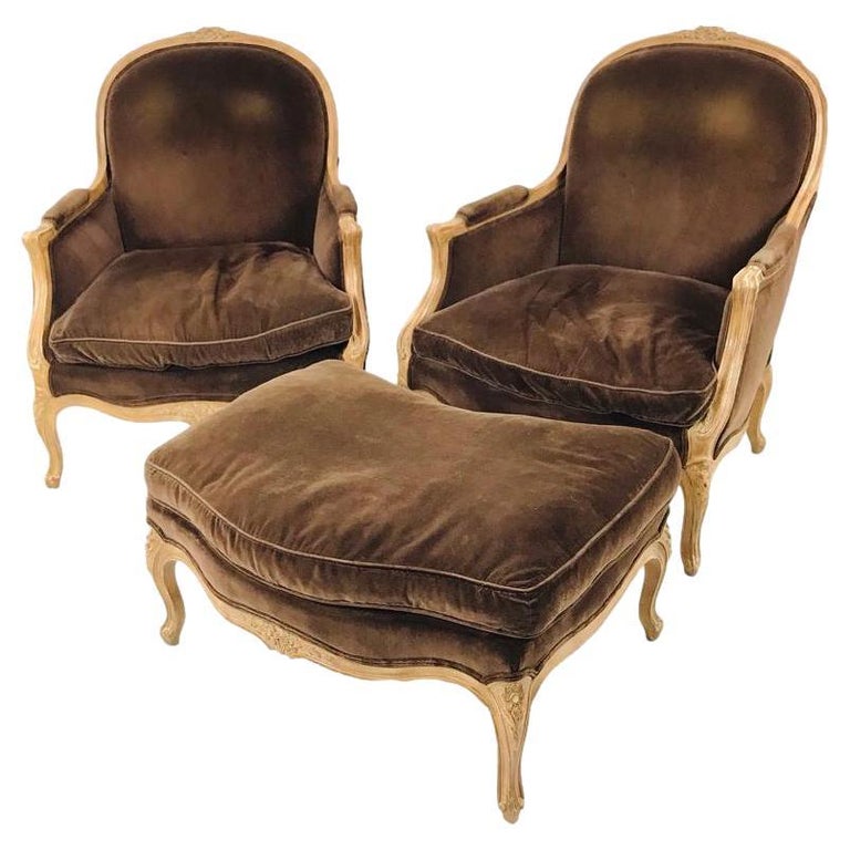 Pair of French Bergere Chairs with Ottoman For Sale at 1stDibs