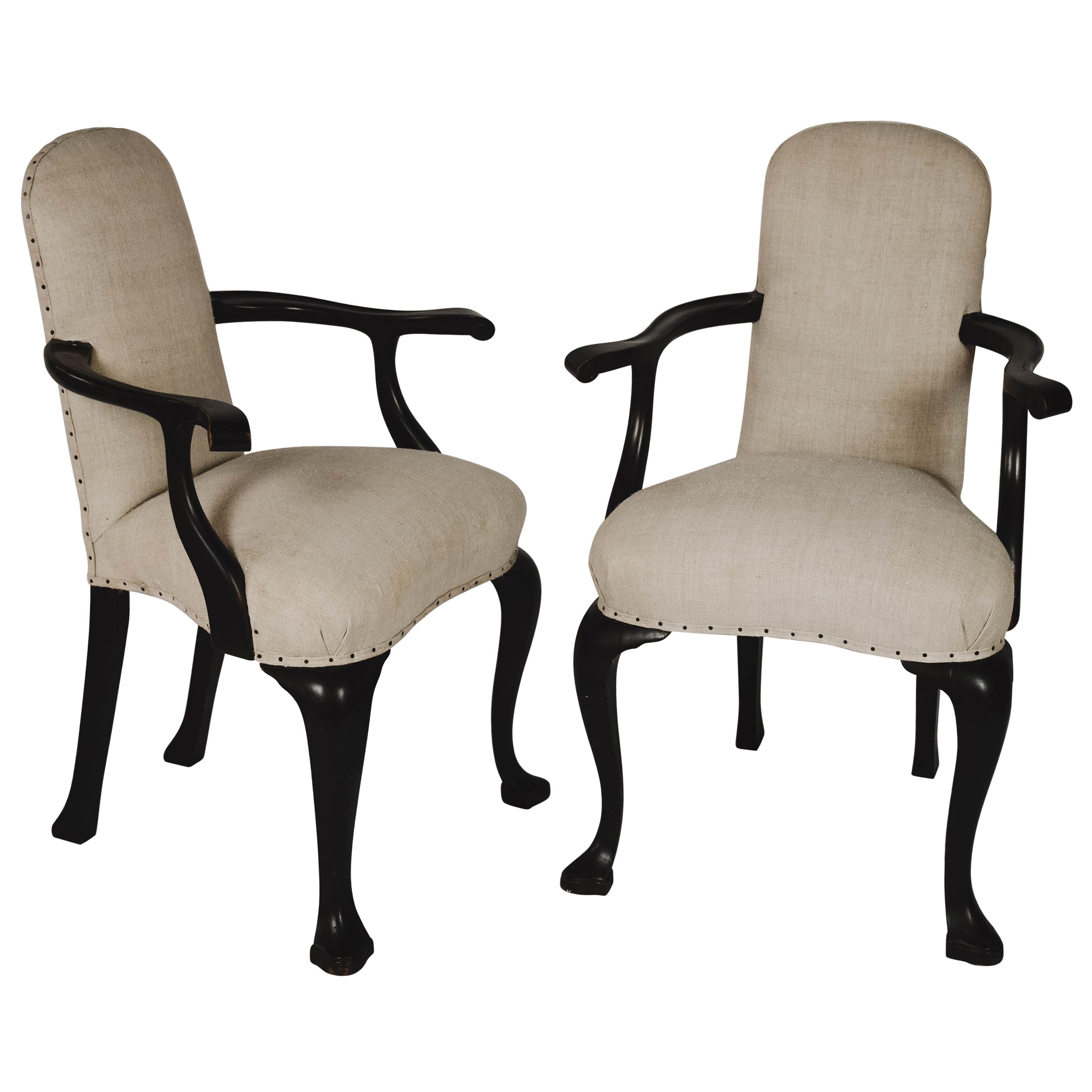 Pair of French Bergere Chairs with Vintage Linen Upholstery For Sale at