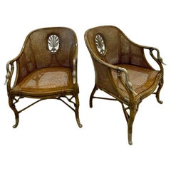Retro Pair of French Bergère Swan Arm, Lounge Chairs, Silver Metal, Cane, Tortoise