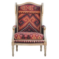 Pair of French Bergère Two-Toned Cane and Kilim Rug Wingback Lounge Chairs