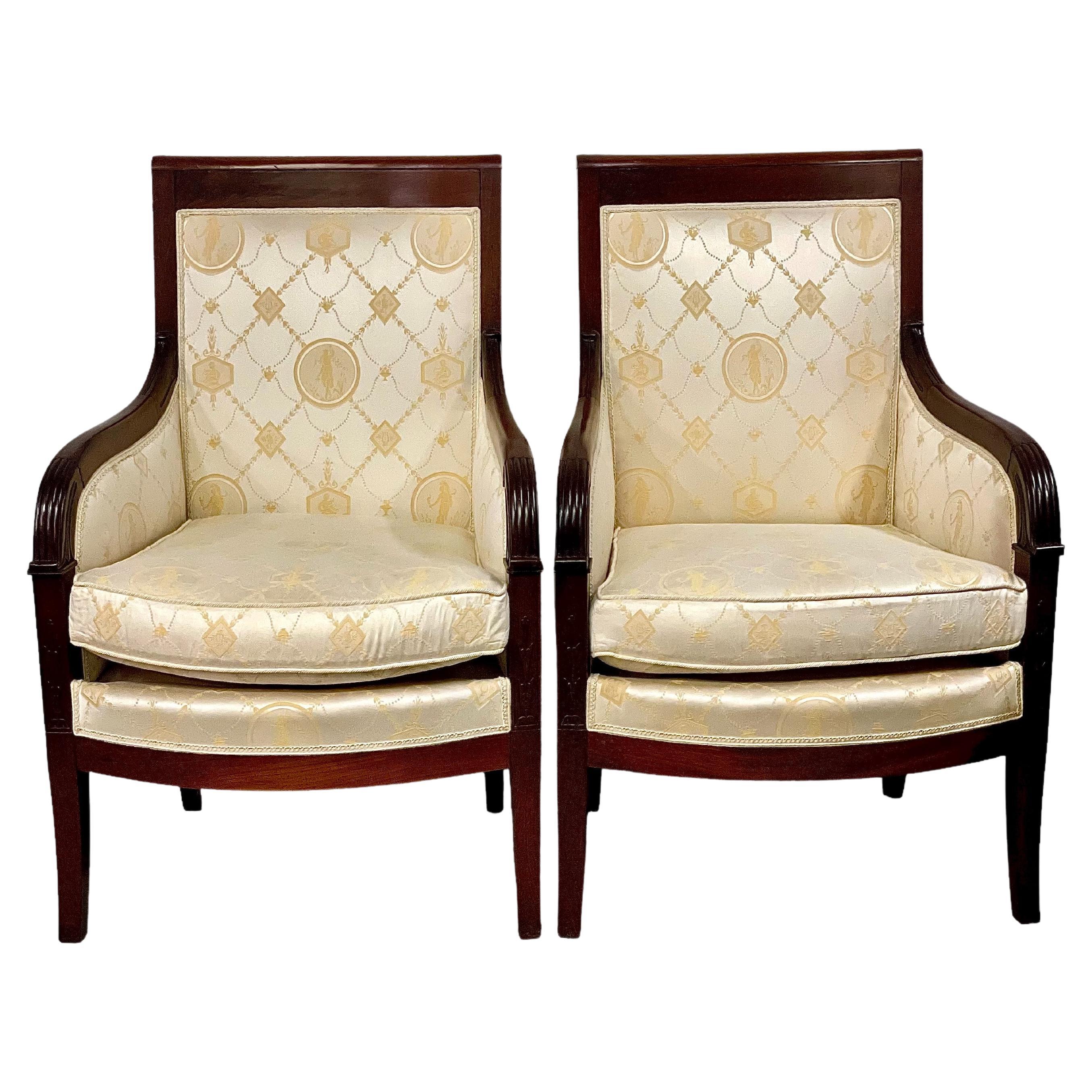 19th Century Pair of French Empire Bergeres Armchairs For Sale