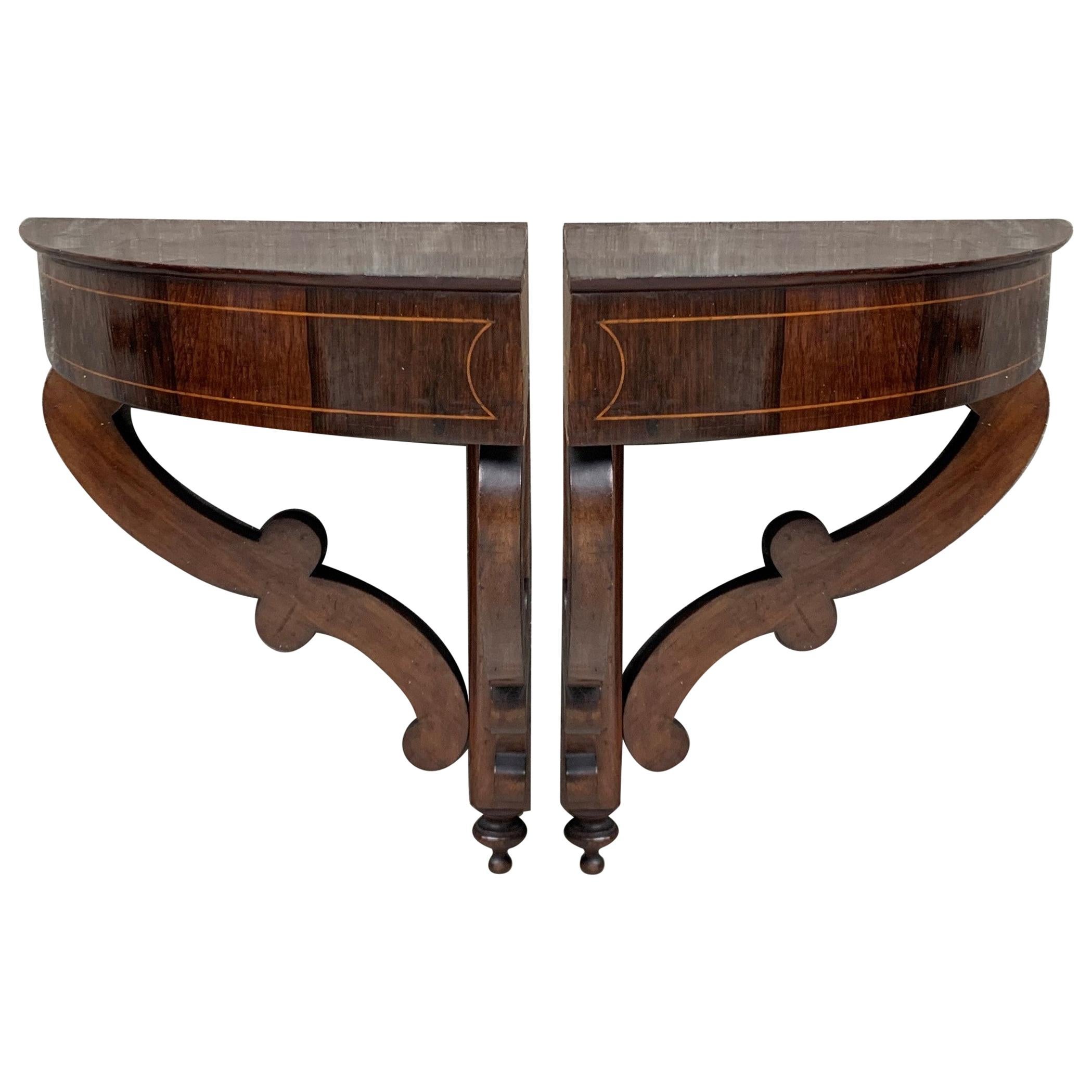 Pair of French Biedermeier Style Corner Walnut Wall-Mounted Consoles