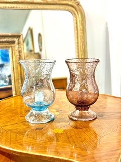 Pair of French Biot Bubble Glass Hurricane Candle Holders