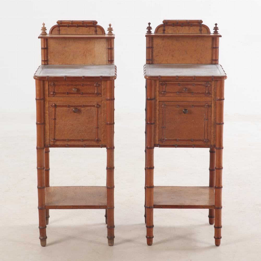 Each having backsplash and small shelf above inset marble top, over a single drawer, marble lined cupboard with fall front door, and tall legs joined by a lower shelf. May be used with or without backsplash. 

Perfect for creating drop zones for a