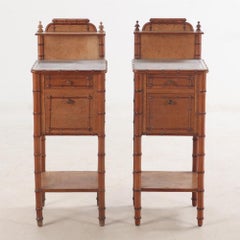 Pair of French birdseye maple and faux bamboo marble top night stands, C 1880.