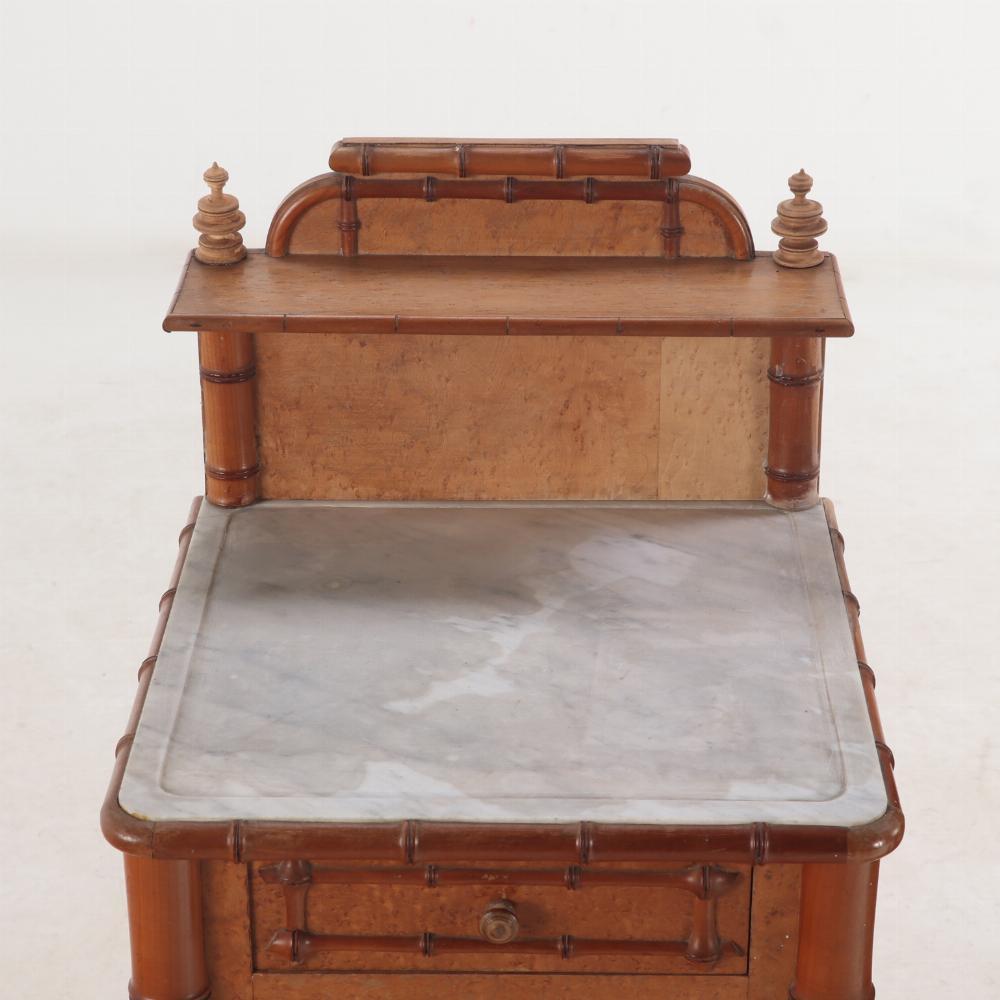 Pair of French birdseye maple and faux bamboo marble top night stands, C 1880. In Good Condition In Philadelphia, PA