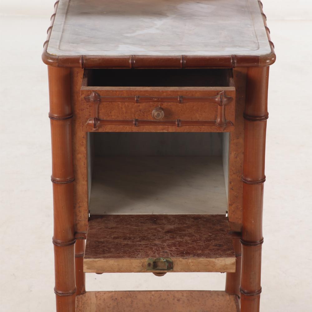 19th Century Pair of French birdseye maple and faux bamboo marble top night stands, C 1880.