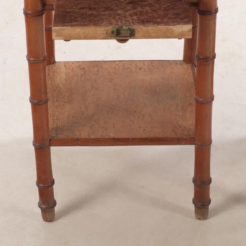 Marble Pair of French birdseye maple and faux bamboo marble top night stands, C 1880.