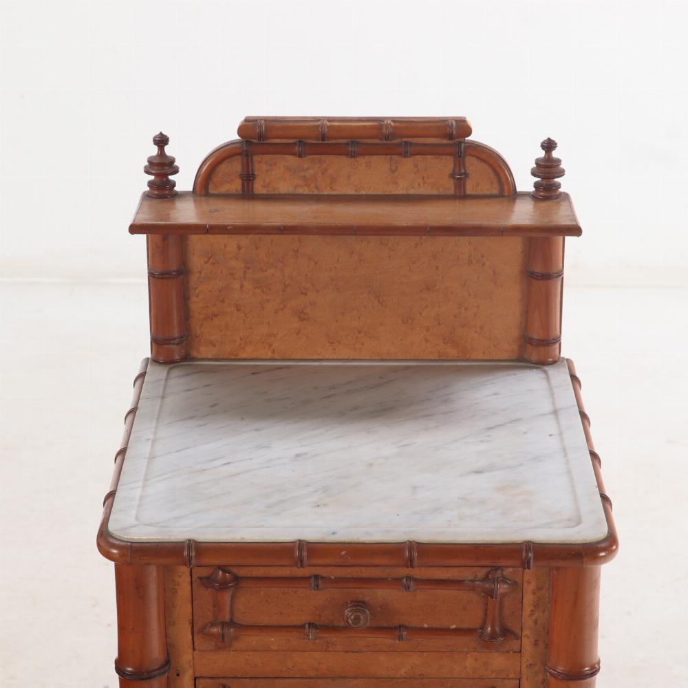 Pair of French birdseye maple and faux bamboo marble top night stands, C 1880. 1