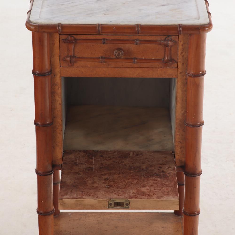 Pair of French birdseye maple and faux bamboo marble top night stands, C 1880. 2