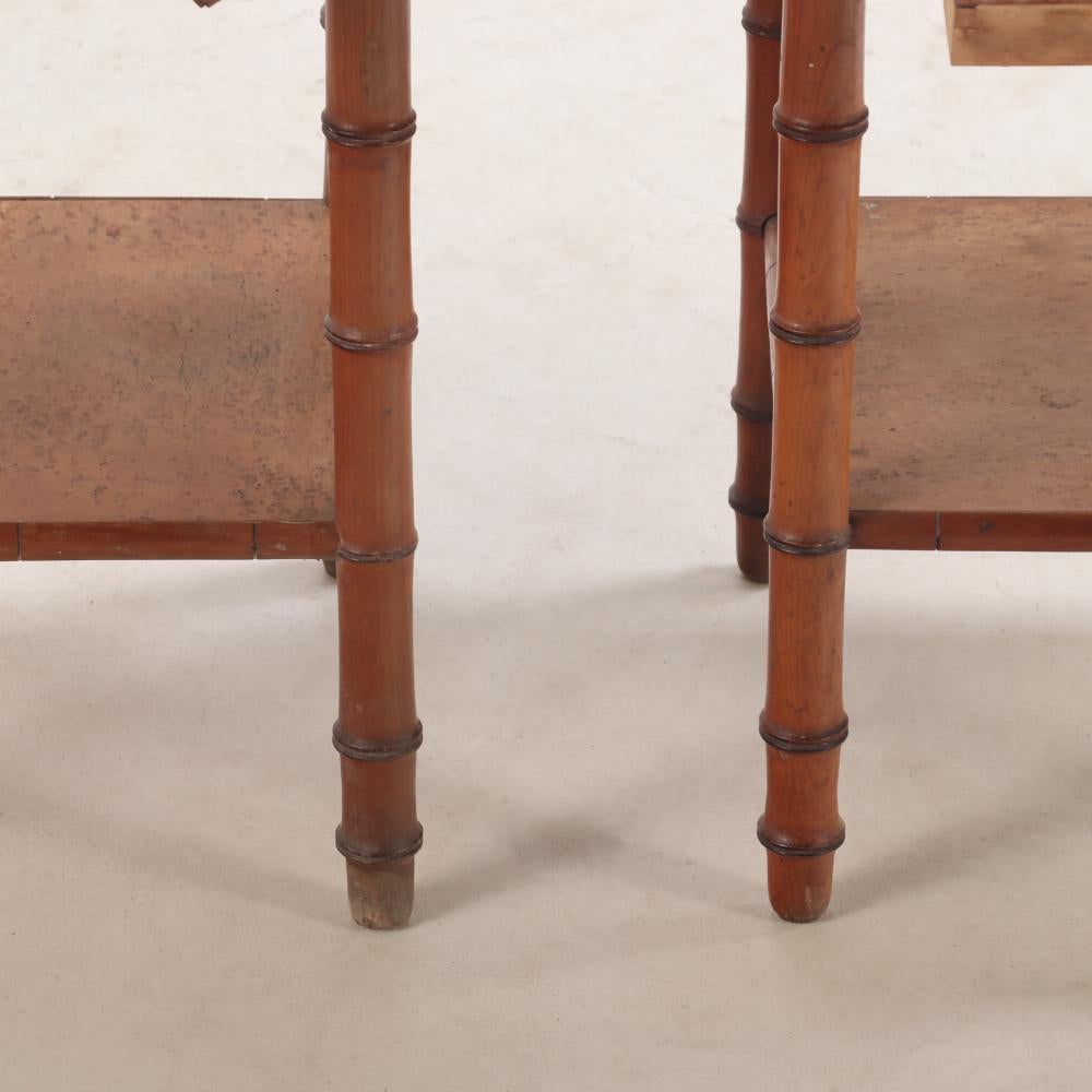Pair of French birdseye maple and faux bamboo marble top night stands, C 1880. 3
