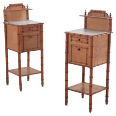 Pair of French birdseye maple and faux bamboo marble top night stands, C 1880.