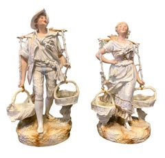 Pair of French Bisque Porcelain Hand Painted Figural Sculptures, Circa 1900