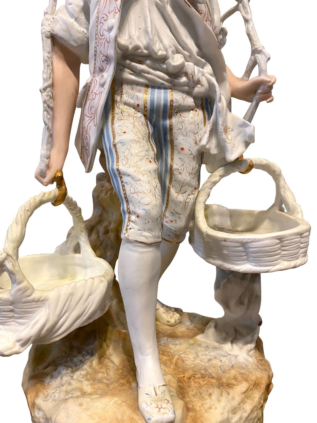Hand-Painted Pair of French Bisque Porcelain Hand Painted Figural Sculptures, Circa 1900 For Sale