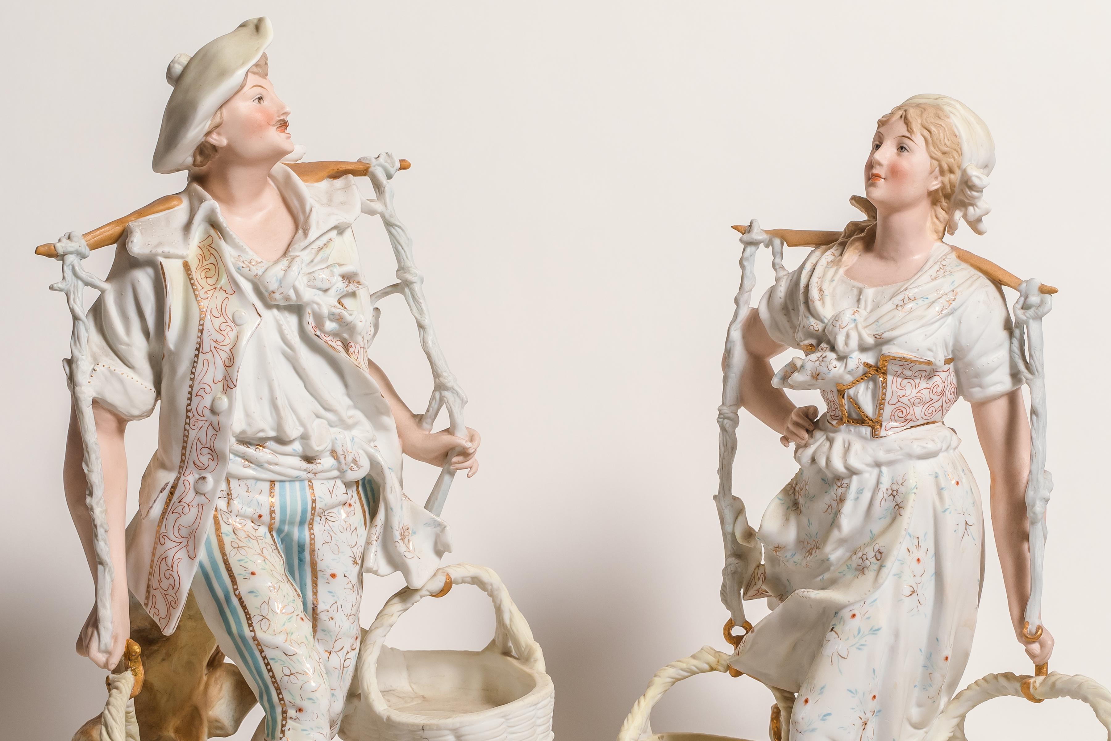 20th Century Pair of French Bisque Porcelain Hand Painted Figural Sculptures, Circa 1900 For Sale