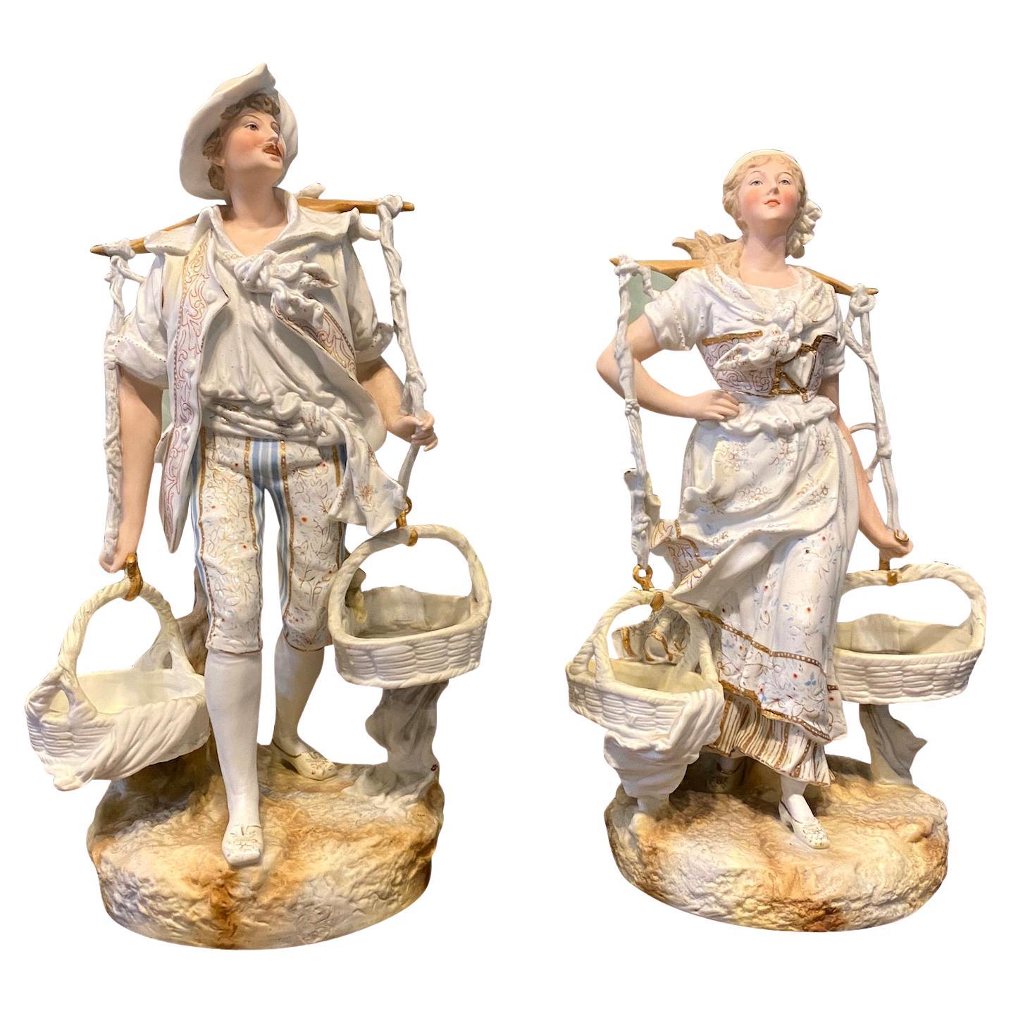 Pair of French Bisque Porcelain Hand Painted Figural Sculptures, Circa 1900 For Sale