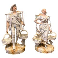 Vintage Pair of French Bisque Porcelain Hand Painted Figural Sculptures, Circa 1900