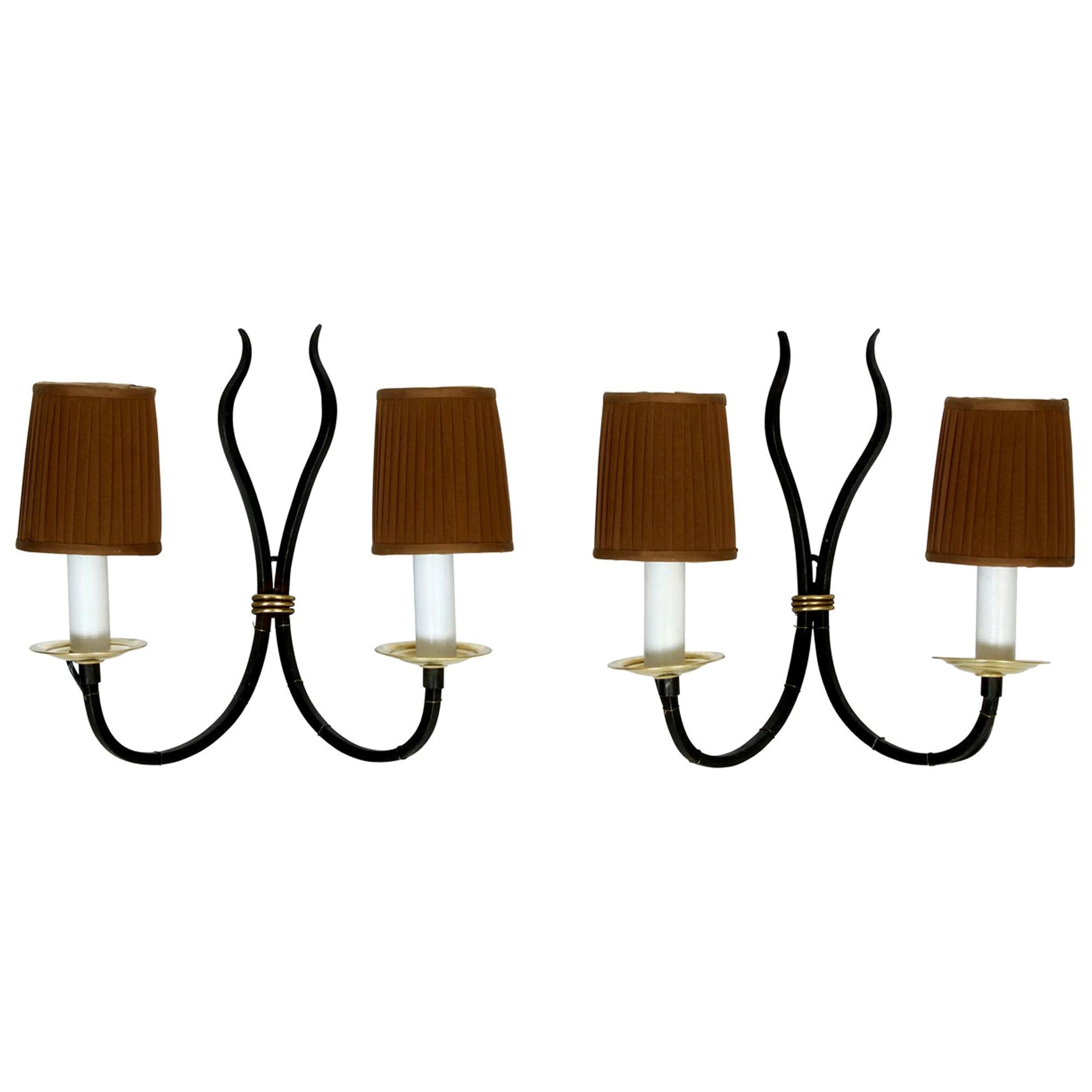 Pair of French Black and Brass Two Arm Deco Sconces