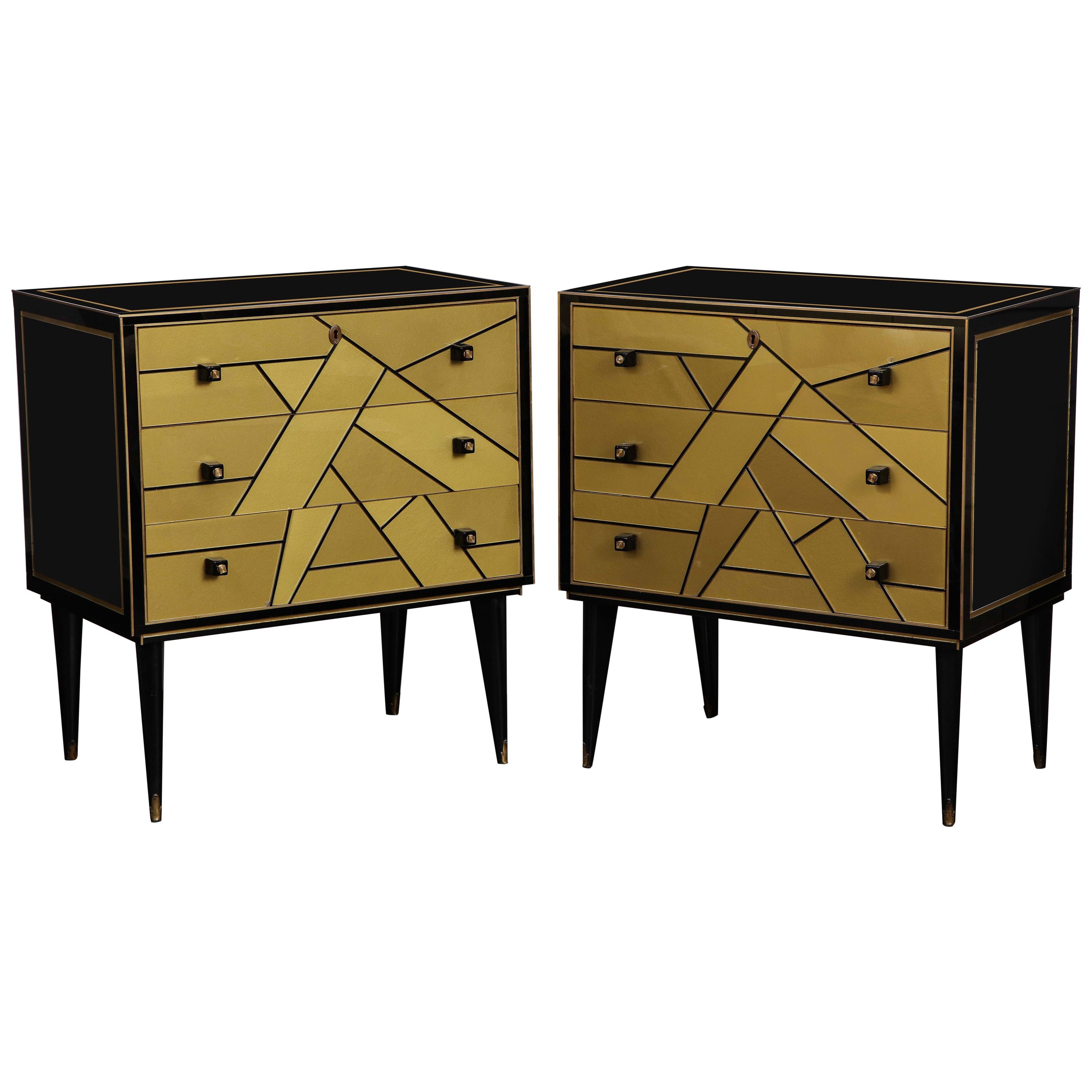 Pair of Black Lacquered and Gold Nightstands or End Tables at 1stDibs