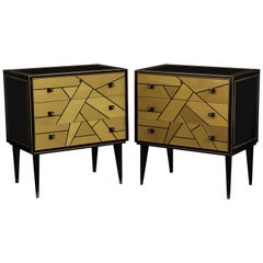 Pair of French Black and Gold Art Deco Style Nightstands