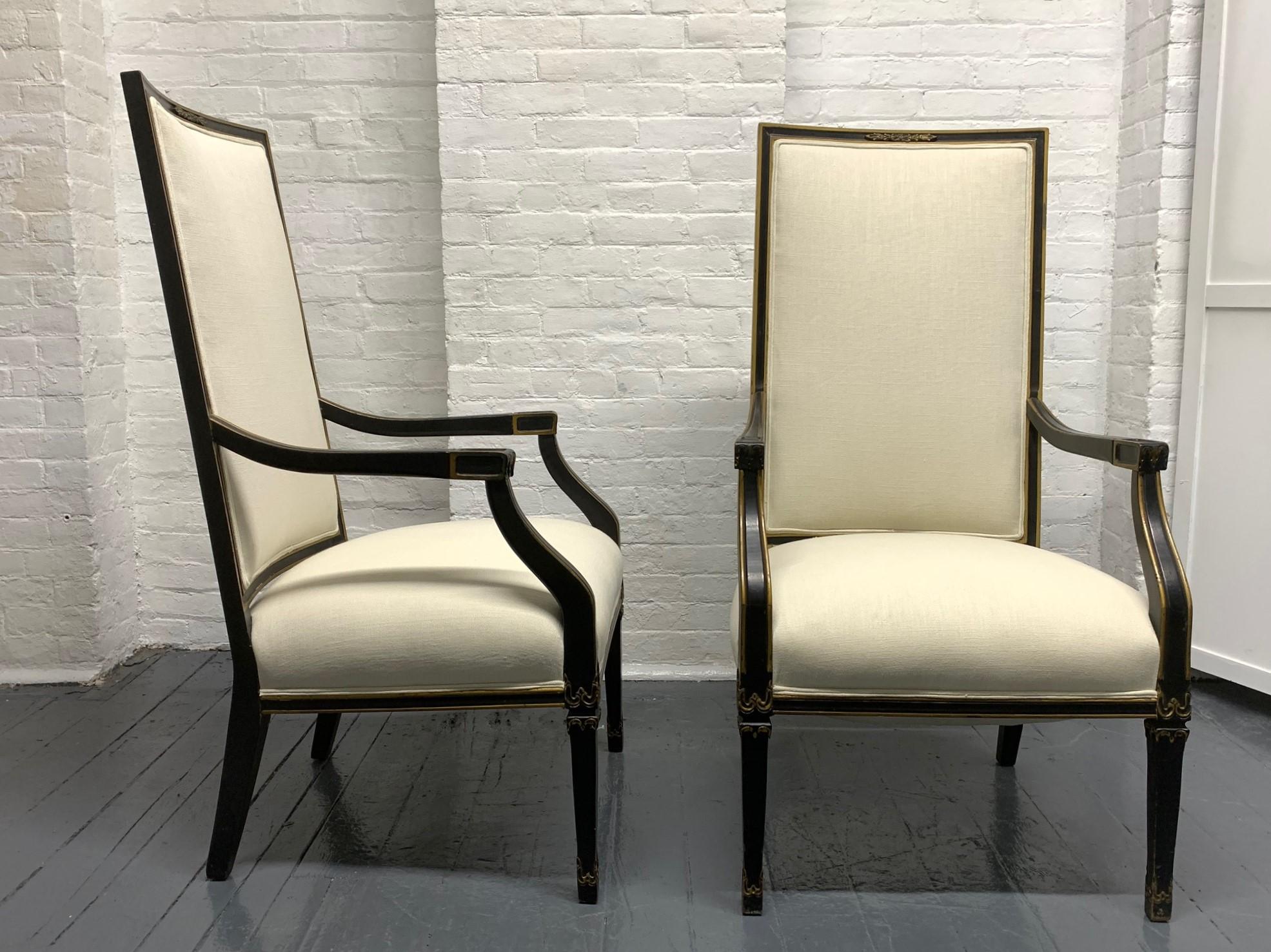 Directoire Pair of French Black and Gold Trim Side Chairs For Sale
