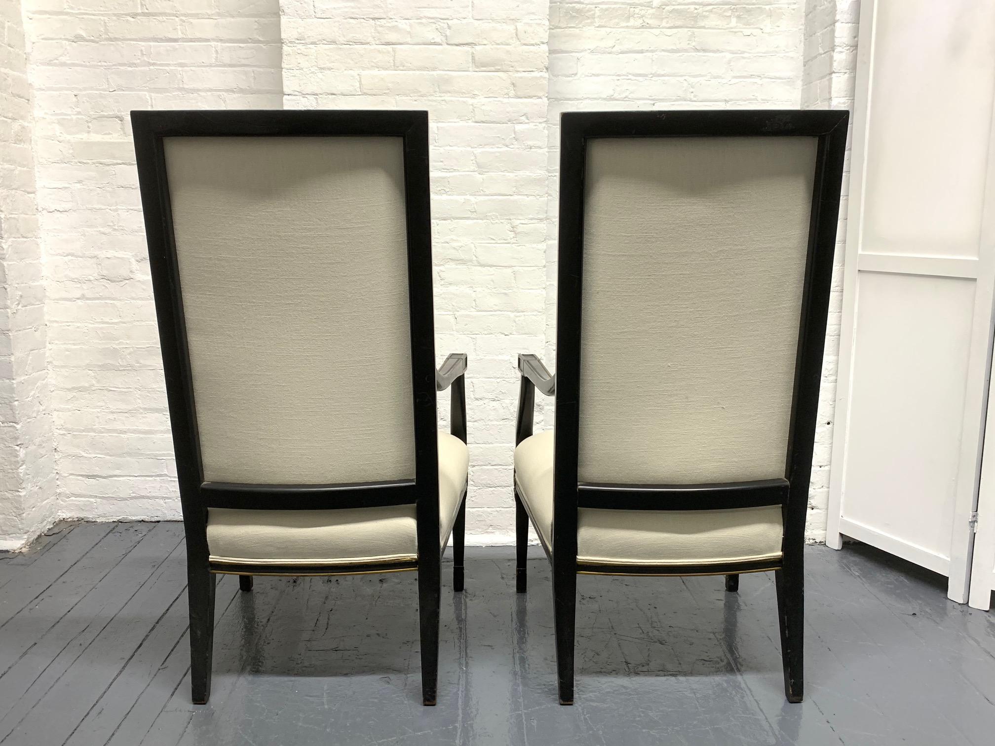 Lacquered Pair of French Black and Gold Trim Side Chairs For Sale