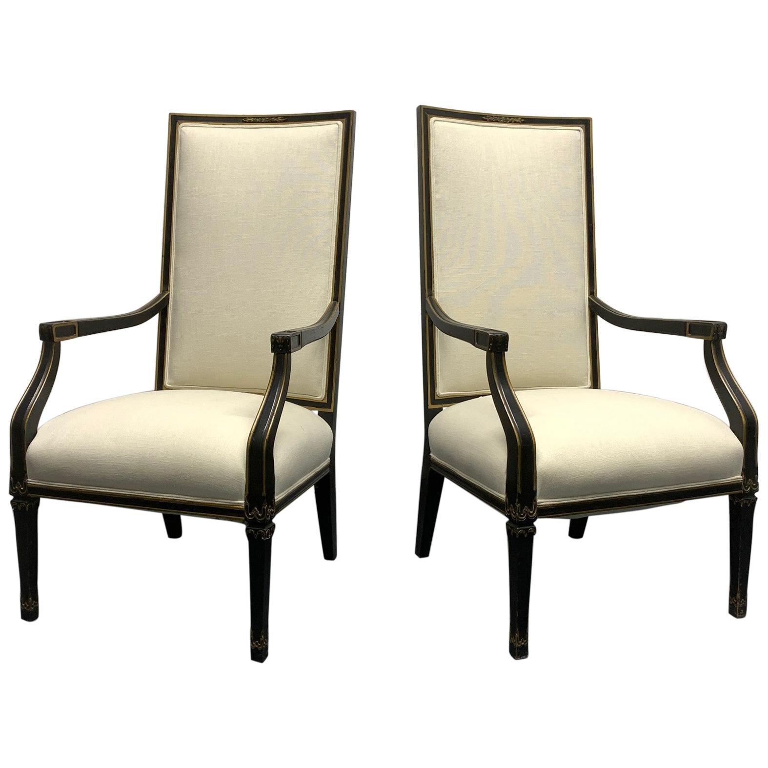 Pair of French Black and Gold Trim Side Chairs For Sale