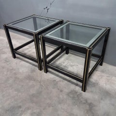 Pair of French Black Coated Side Tables with Gilt Strips and Glass, 1980s