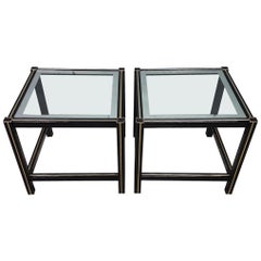 Pair of French Black Coated Side Tables with Gilt Strips and Glass, 1980s