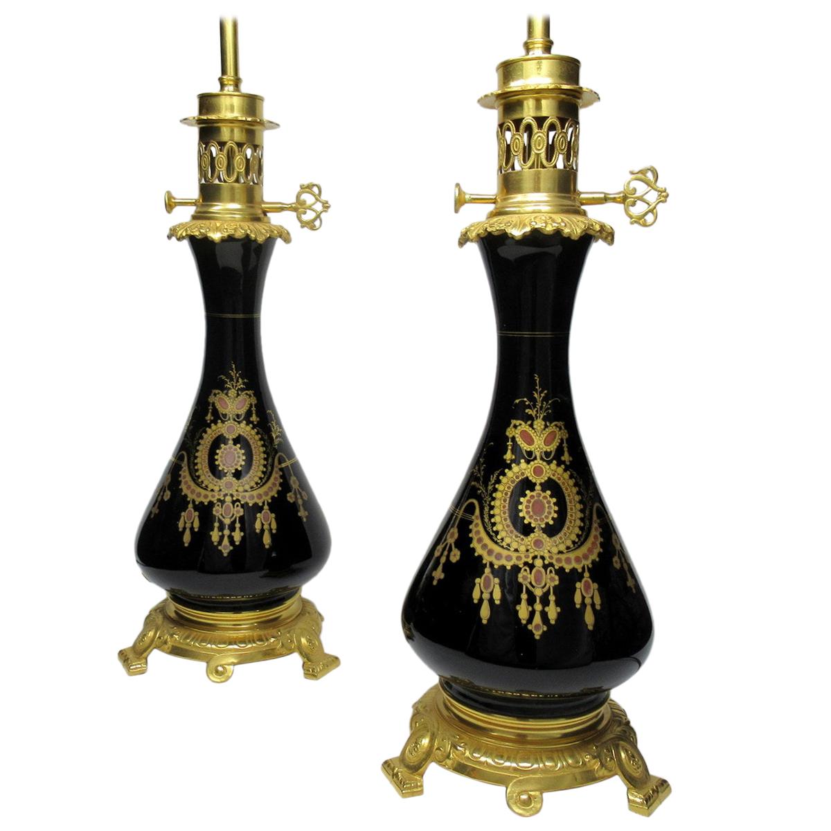 Pair of French Black Enameled Glass Ormolu Table Lamps Art Nouveau, 19th Century