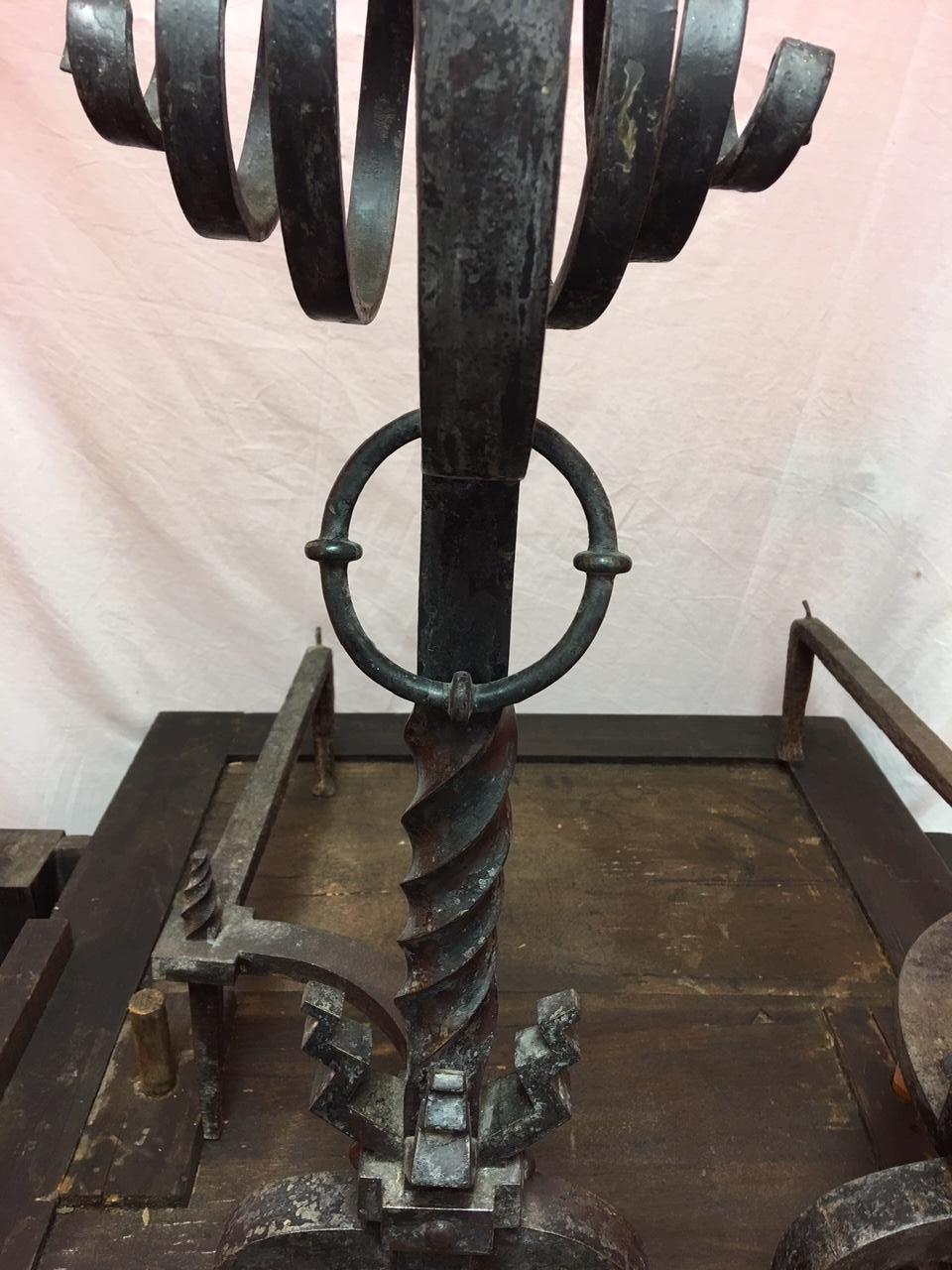Pair of French Black Iron Scroll Top Andirons, 19th Century 1