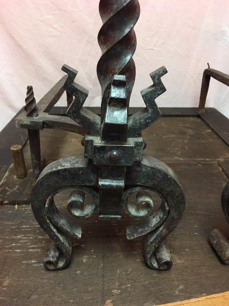 Pair of French Black Iron Scroll Top Andirons, 19th Century 2