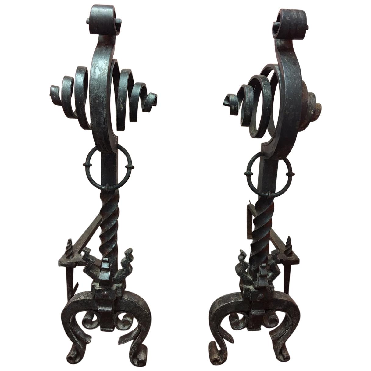 Pair of French Black Iron Scroll Top Andirons, 19th Century