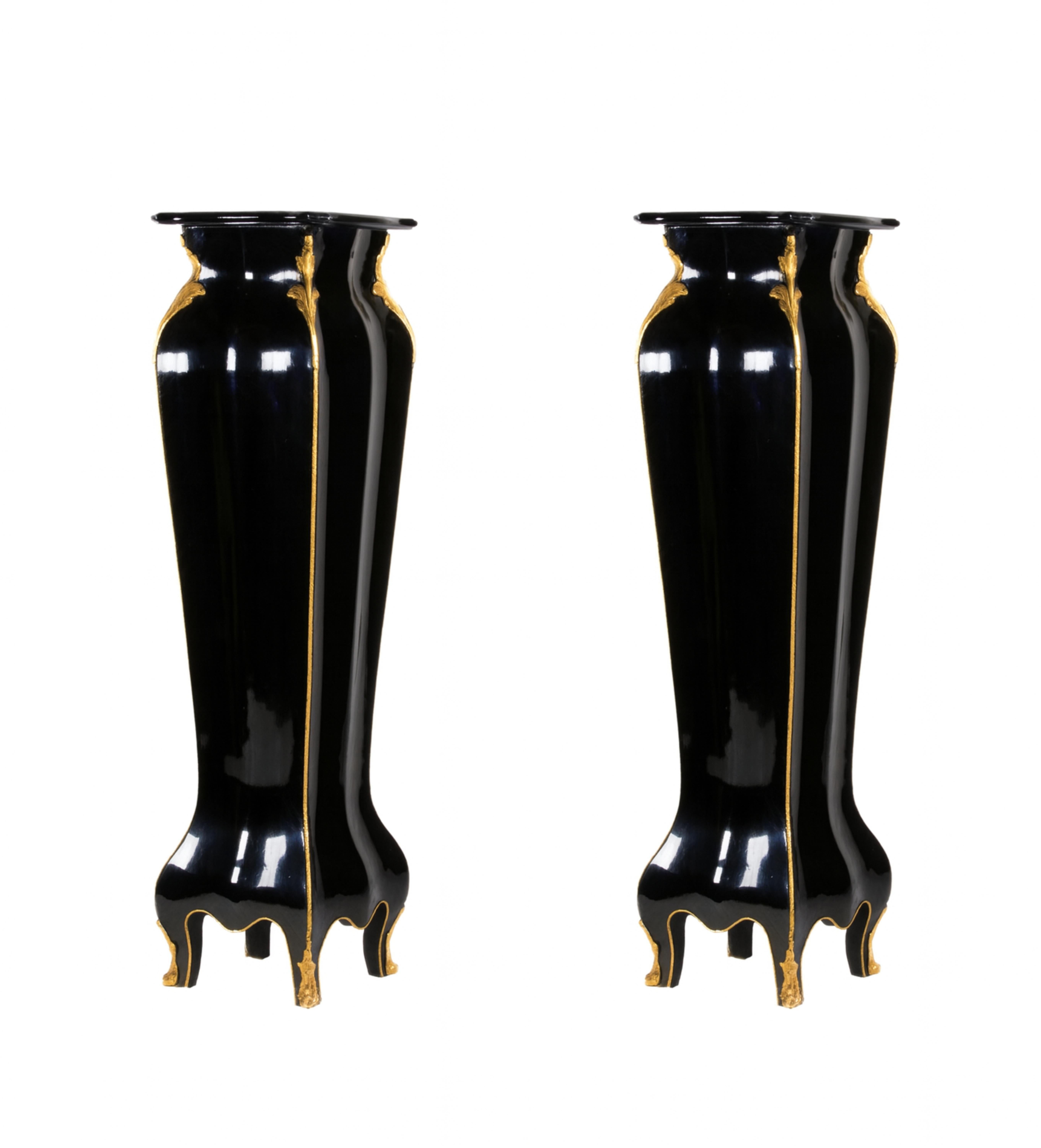 Pair of French Black Lacquer Louis XVI Gilt Bronze Pedestal, 19th Century