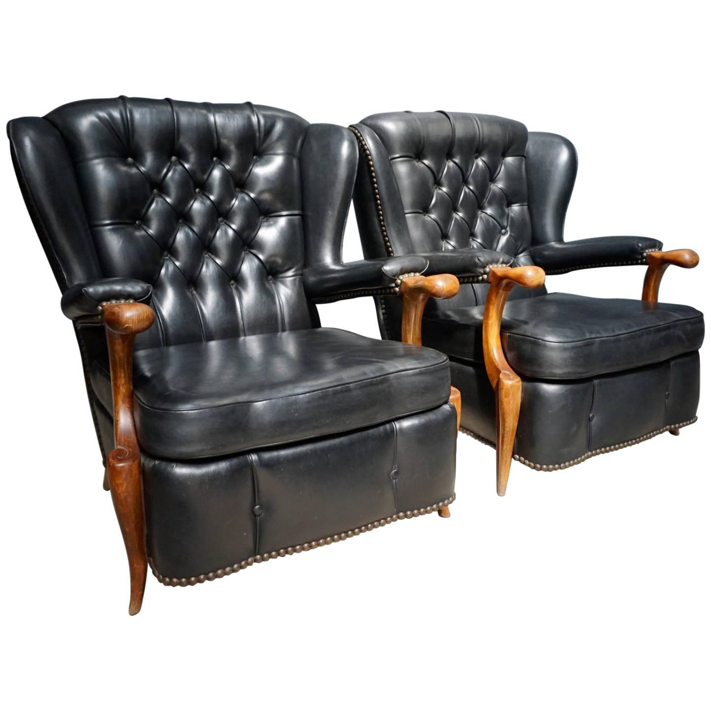 Pair of French Leather Club Chairs at 1stDibs