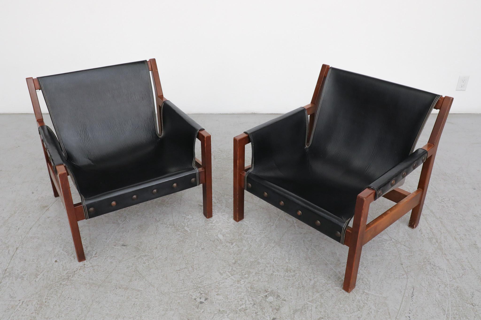 Pair of French Black Leather Safari Slingback Lounge Chairs 15