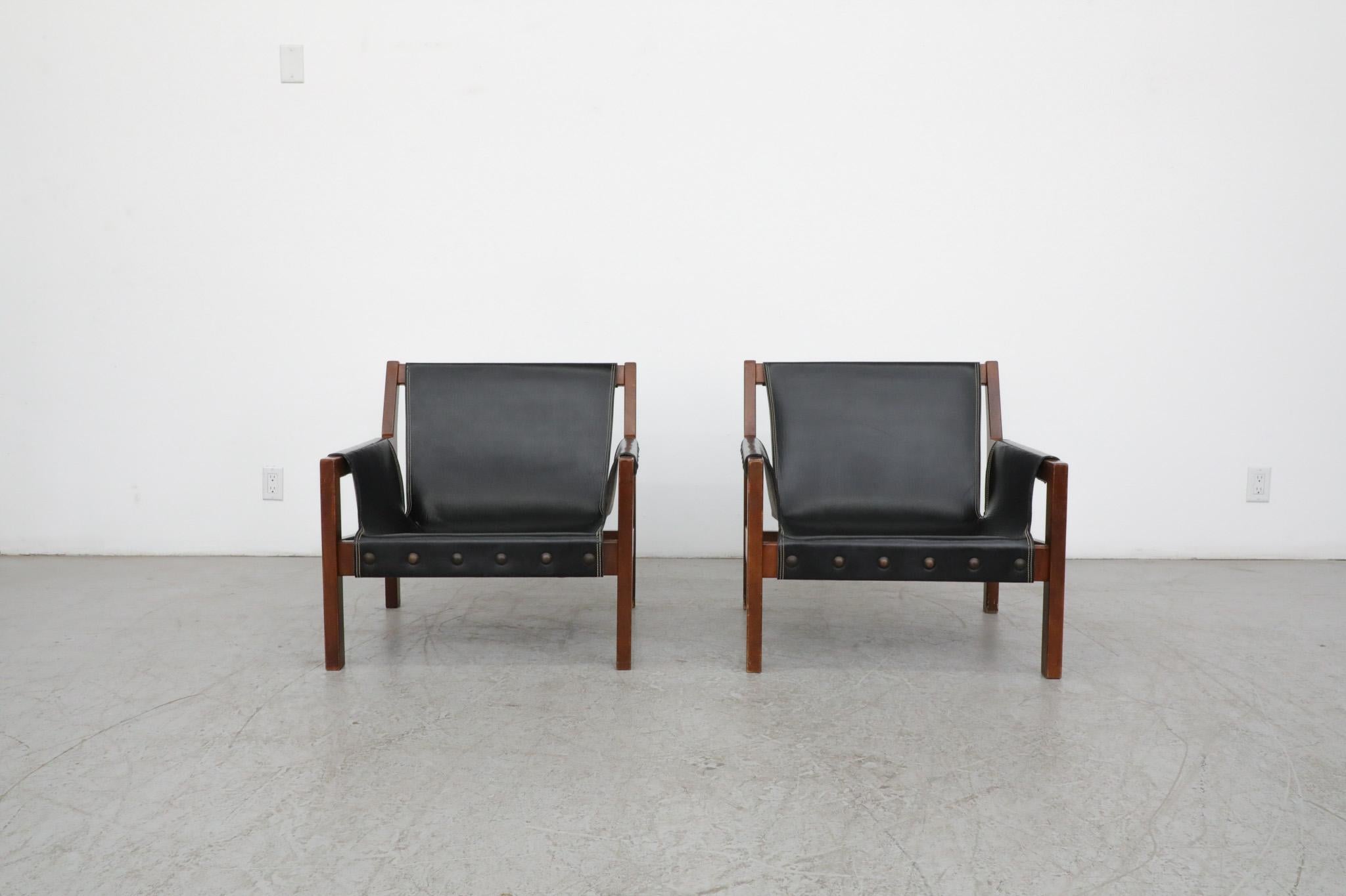 Mid-Century Modern Pair of French Black Leather Safari Slingback Lounge Chairs