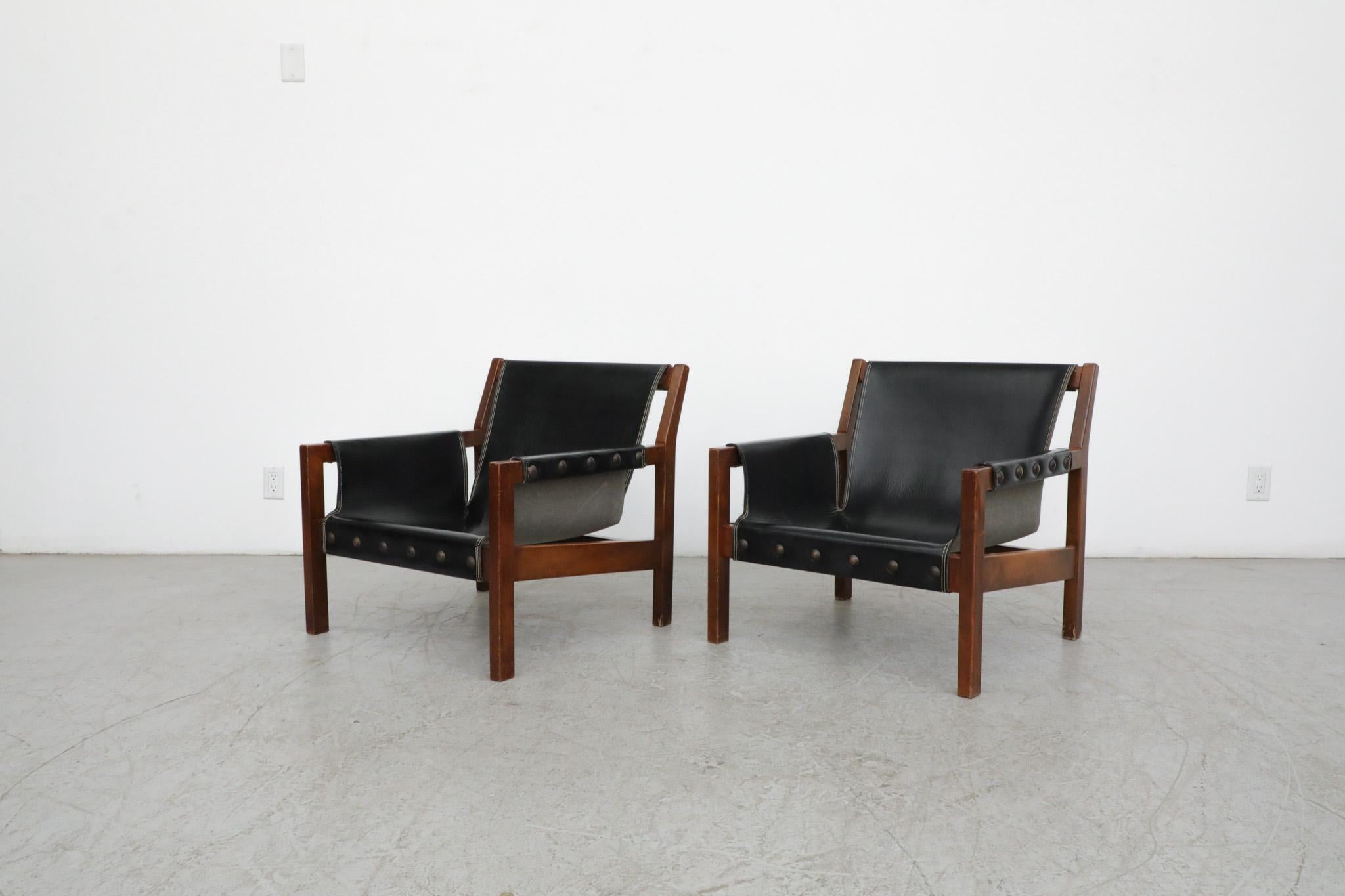 Pair of French Black Leather Safari Slingback Lounge Chairs In Good Condition In Los Angeles, CA