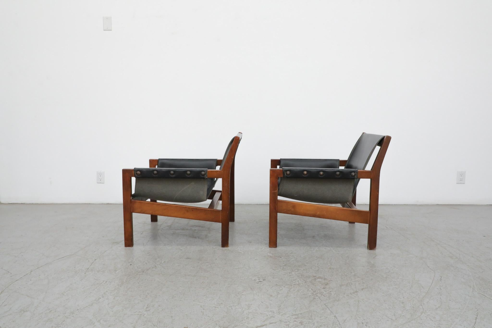 Mid-20th Century Pair of French Black Leather Safari Slingback Lounge Chairs