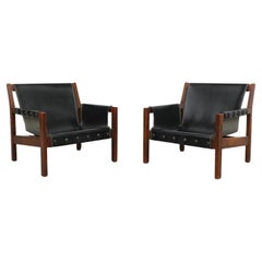 Pair of French Black Leather Safari Slingback Lounge Chairs
