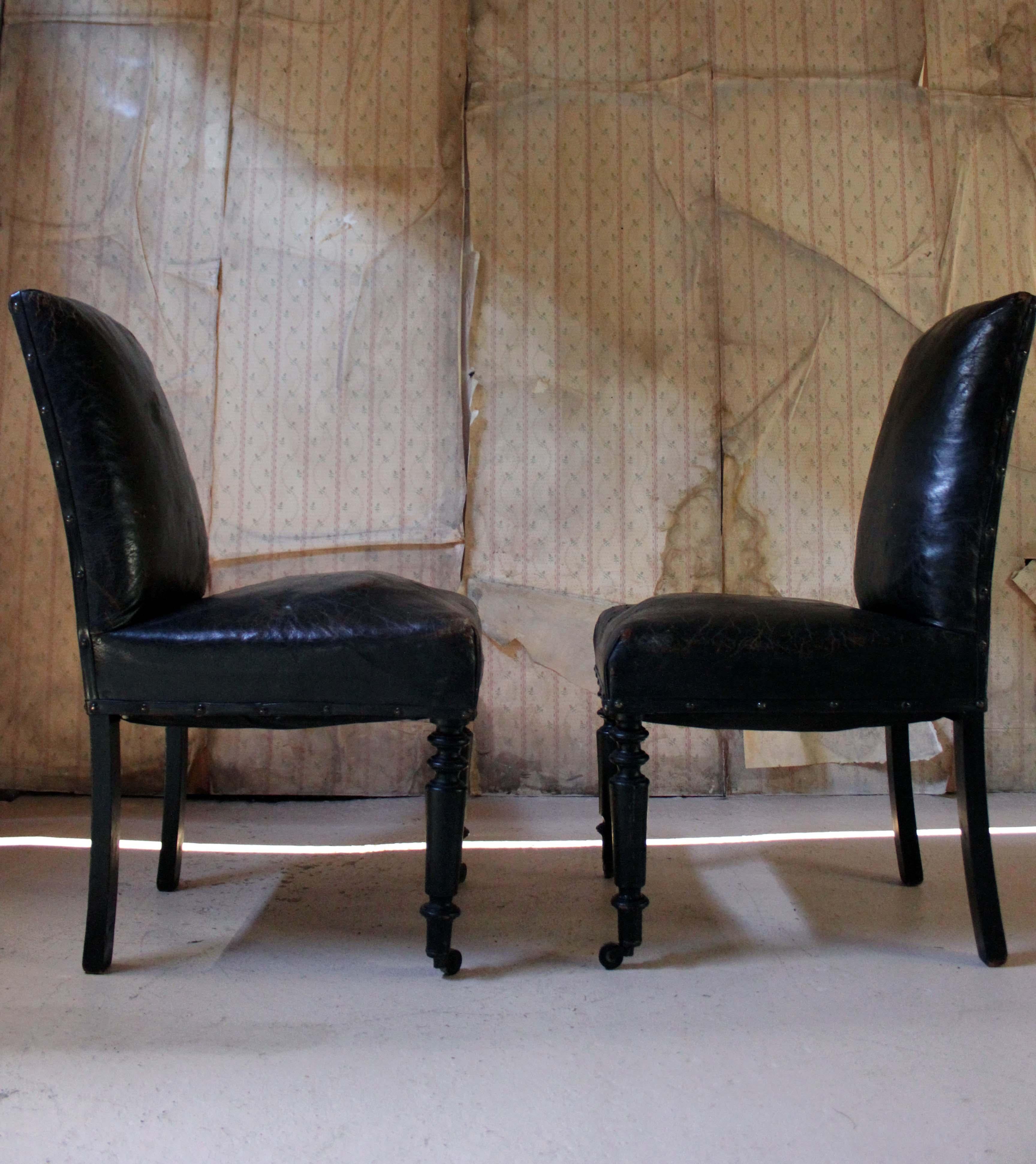 Pair of French Black Leather Upholstered and Ebonized Library Chairs, circa 1880 6