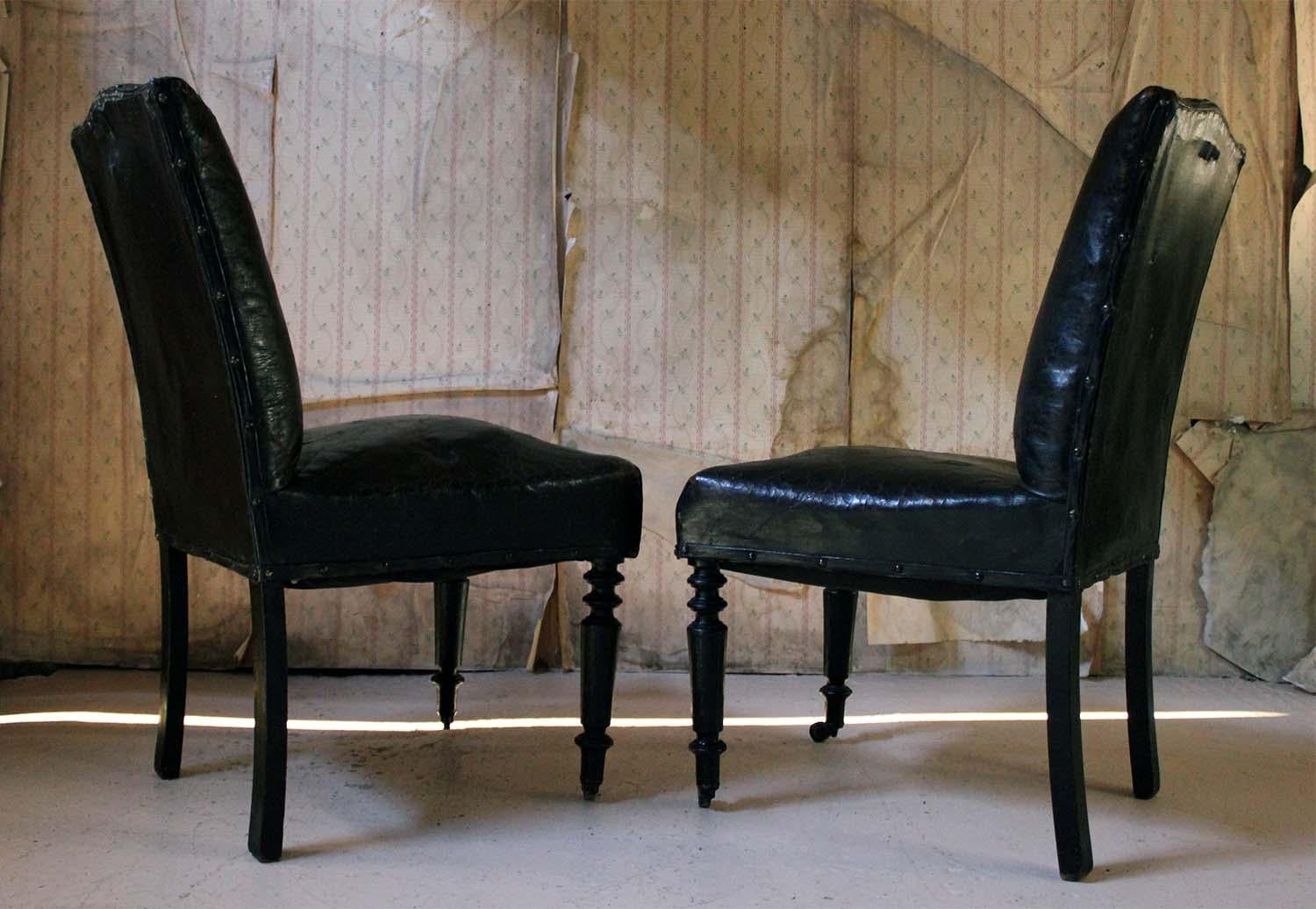 Pair of French Black Leather Upholstered and Ebonized Library Chairs, circa 1880 7
