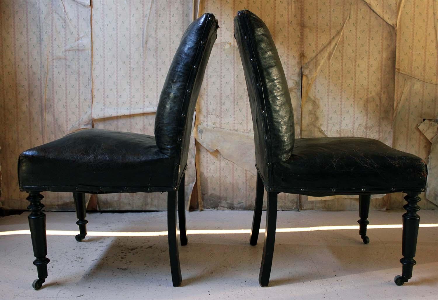 Pair of French Black Leather Upholstered and Ebonized Library Chairs, circa 1880 11