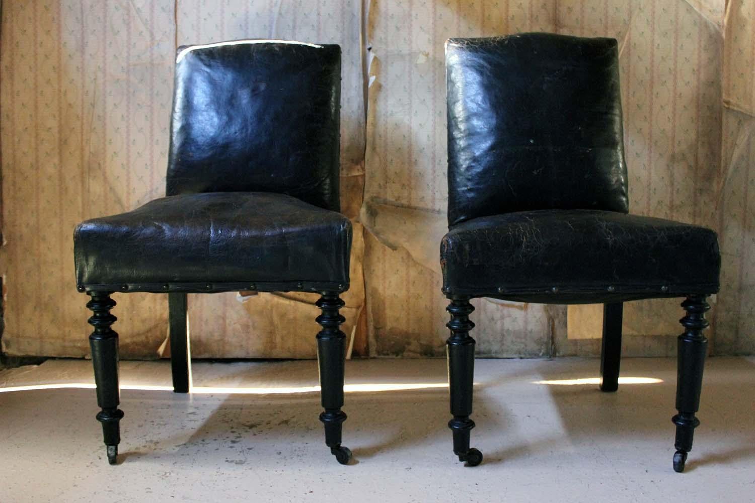 Pair of French Black Leather Upholstered and Ebonized Library Chairs, circa 1880 12