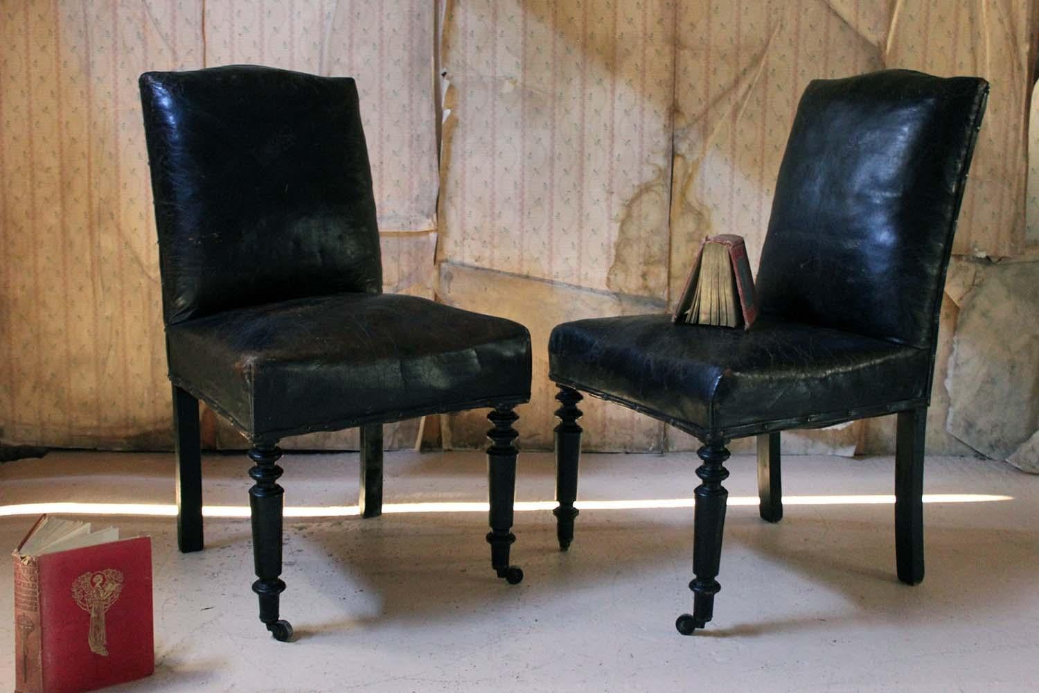 Pair of French Black Leather Upholstered and Ebonized Library Chairs, circa 1880 14
